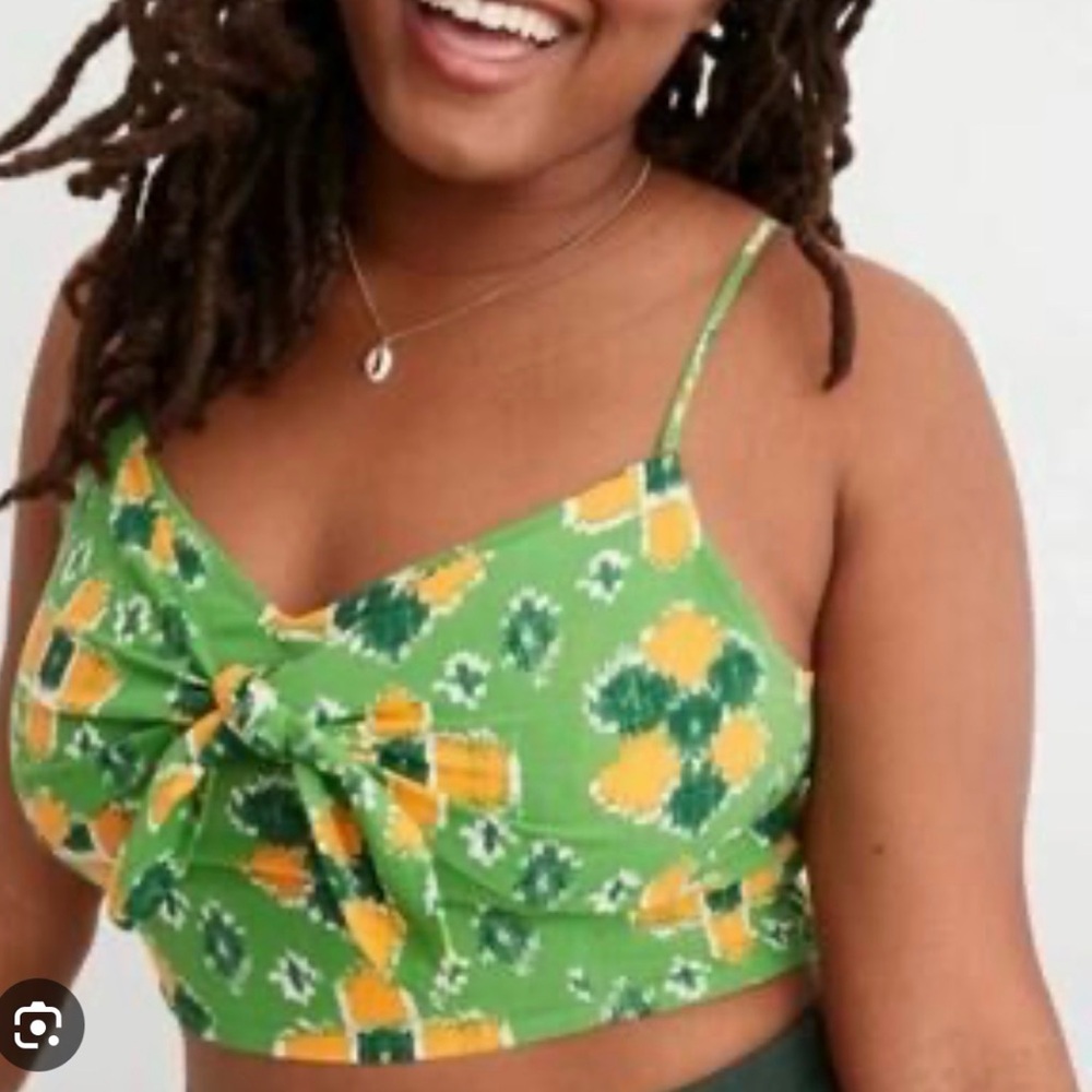 Aerie Crop Top Green/Yellow Tropical Tie Front Sz Small